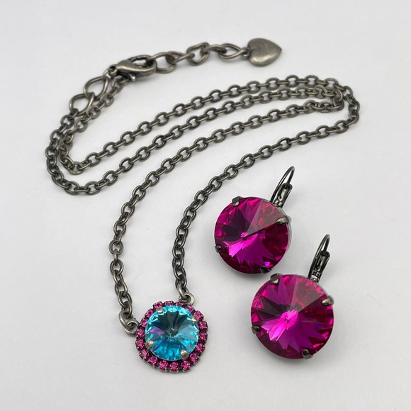 Blue Fuchsia Rivoli Sparkling Rhinestone Necklace Earring Set Similar to Sabika - Picture 11 of 13